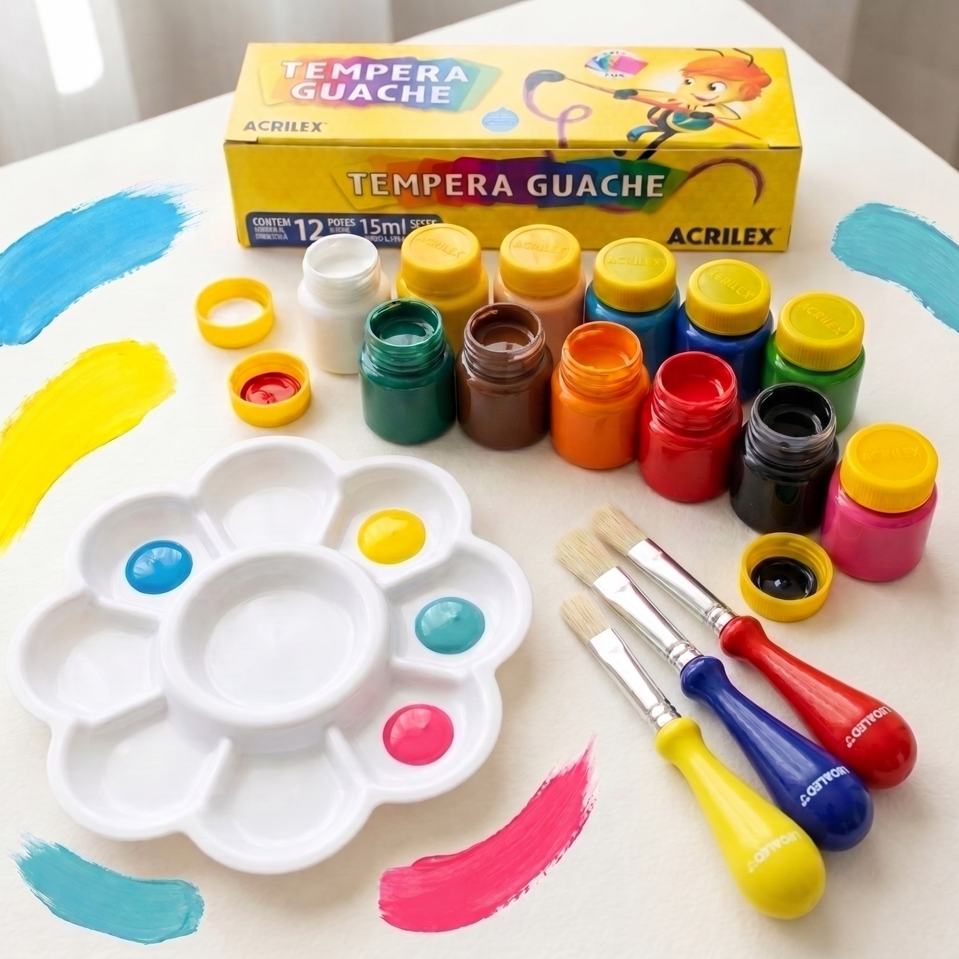 Kit inclusivo com pincéis ergonômicos, tintas guache, tela e godê