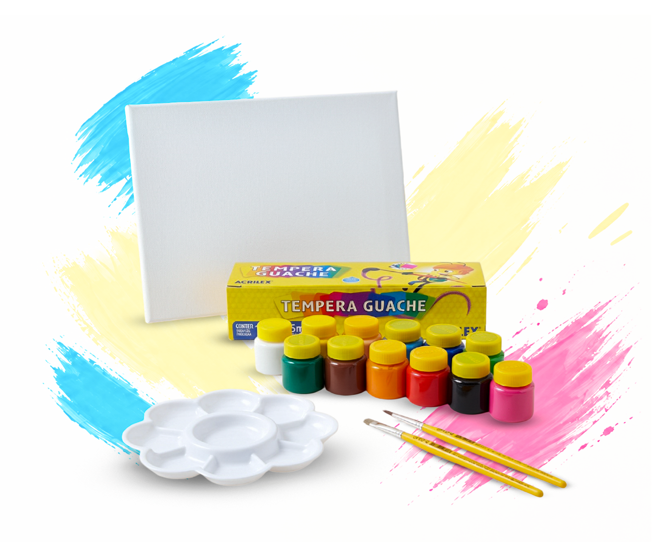 Kit Oquet com tela de pintura, tintas guache, godê e pincéis