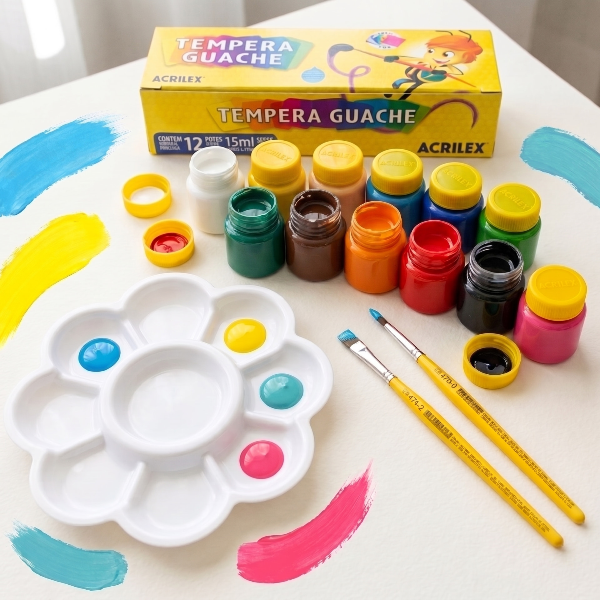 Kit tradicional com pincéis, tintas guache 12 cores, tela e godê